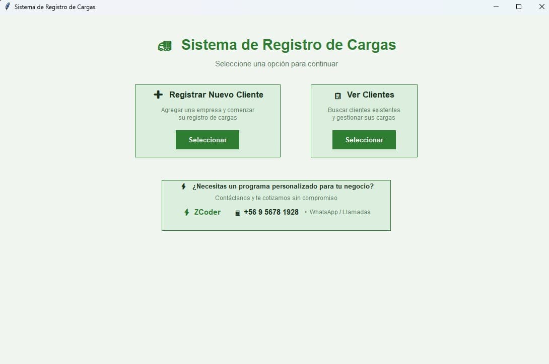 Formulario del sistema de registro de carga